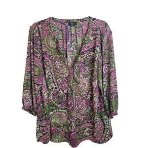 Tahari Pink Green Paisley V-Neck Semi Sheer Balloon Sleeve Top Women's Size 2X